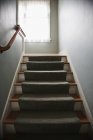 Stairs with carpet and handrail, low angle view — Stock Photo