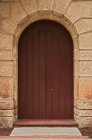 Деревянная дверь в каменной арке. — стоковое фото