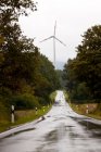 Turbina eólica y carretera recta húmeda Nr Trier, en la región vinícola de Mosela, Alemania - foto de stock
