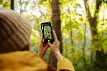 Женщина держит смартфон, чтобы сфотографировать деревья в лесу — стоковое фото