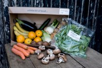 Close up de uma caixa orgânica de frutas e vegetais com uma seleção de produtos frescos. — Fotografia de Stock