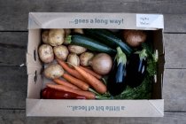 High angle close up of an organic vegetable box with a selection of fresh produce. — Stock Photo