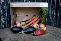 Close up of an organic vegetable box with a selection of fresh produce. — Stock Photo