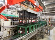 Beer bottling plant with moving belts, rows of bottles, automated process, capping and labelling and placing in crates — Photo de stock