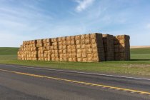 Large stack of hay bales in a field by a road — Stock Photo