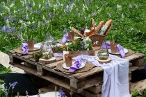 Table de pique-nique rustique avec de la nourriture dans un pré de printemps pour une cérémonie de baptême des bois. — Photo de stock