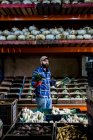 Bauer steht in einer Scheune und sortiert frisch gepflückte Produkte in Gemüsekisten. — Stockfoto
