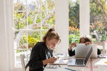 Дівчинка-підліток малює акварелями за столом, а хлопчик на ноутбуці — стокове фото