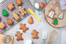 Top view, Christmas decorated cookies, iced biscuits. — Stock Photo
