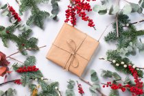 Decoraciones navideñas sobre un fondo blanco y un regalo envuelto - foto de stock