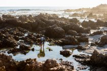 Junge erkundet bei Sonnenuntergang einen Felspool zwischen den zerklüfteten Felsen der Atlantikküste — Stockfoto