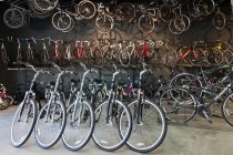 Ciclo de reparação interior loja, linhas de bicicletas. — Fotografia de Stock