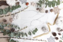 Decoraciones navideñas sobre fondo blanco, hojas verdes y bayas rojas - foto de stock