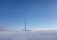 Holzmast auf einer leeren, schneebedeckten Landschaft. Elektrische Industrie, Stromleitung. — Stockfoto