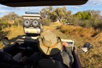 Un guía de safari en un sombrero de arbusto al volante de un jeep. - foto de stock