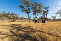 A safari vehicle stationary in grassland, and people standing around it. — Stock Photo