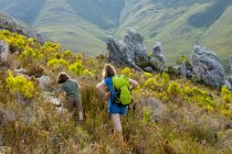 Teenage girl and a boy walking along a path through vegetation and rocks in the fynbos — Stock Photo