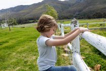 Niño de ocho años apoyado en una valla, mirando a los caballos en un campo - foto de stock