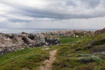 Costa frastagliata rocciosa, roccia arenaria erosa, vista sull'oceano — Foto stock