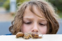 Jeune garçon regardant de près les escargots sur un mur. — Photo de stock