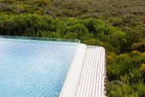 Aerial view of a swimming pool with a paved edge and plants in a garden. — Stock Photo