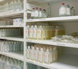 Modern hospital storage facilities, shelves of products for treatment and hospital procedures. — Stock Photo