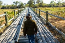 Мальчик ходит по деревянному мосту через болото один — стоковое фото