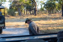 Un guía de safari caminando en un sendero por delante de un vehículo al amanecer. - foto de stock