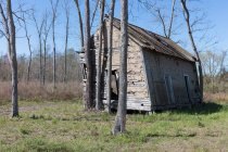 Homestead abandonado, uma pequena cabana, um edifício inclinado para o lado. — Fotografia de Stock