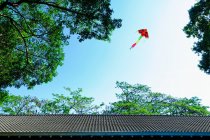 Colorful kite flying over traditional Chinese roof. - foto de stock