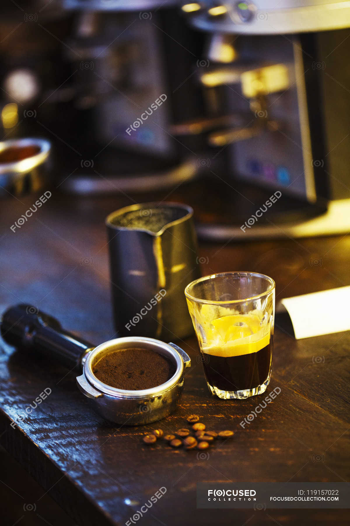 Coffee machine grounds holder — cafe, indoors Stock Photo 119157022