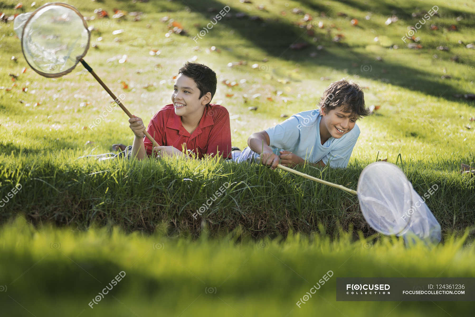 Boys using pond dipping nets. — Colour Image, head and shoulders