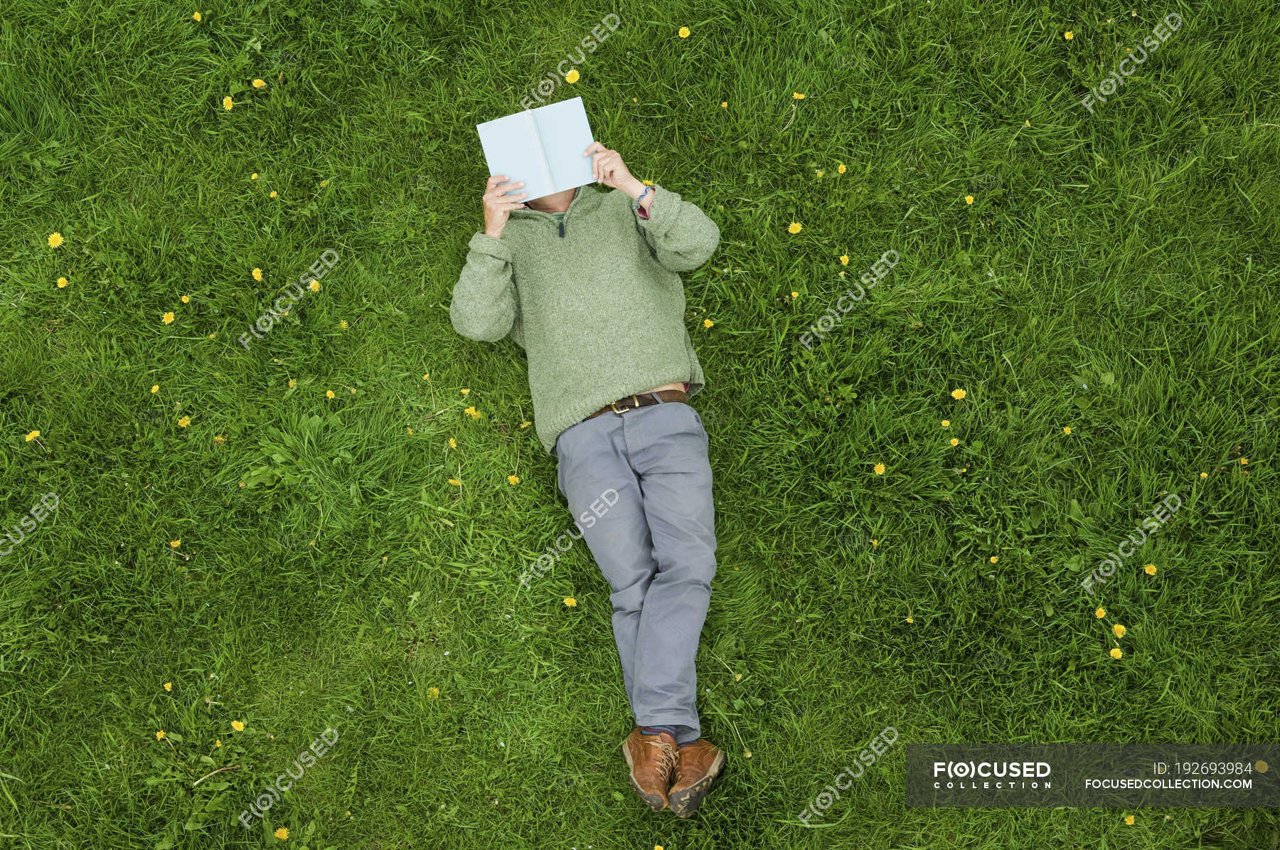 overhead-view-of-man-lying-on-back-on-green-grass-and-reading-book