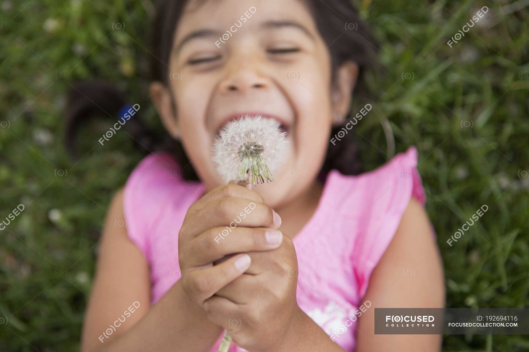 Elementary age girl lying on ground and holding dandelion seedhead