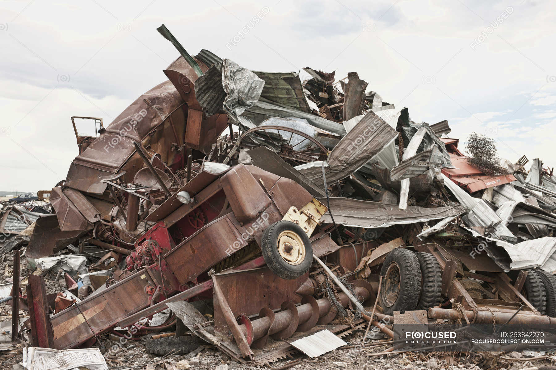 Stacked car parts in junkyard, Billings, Montana, USA — garbage, many