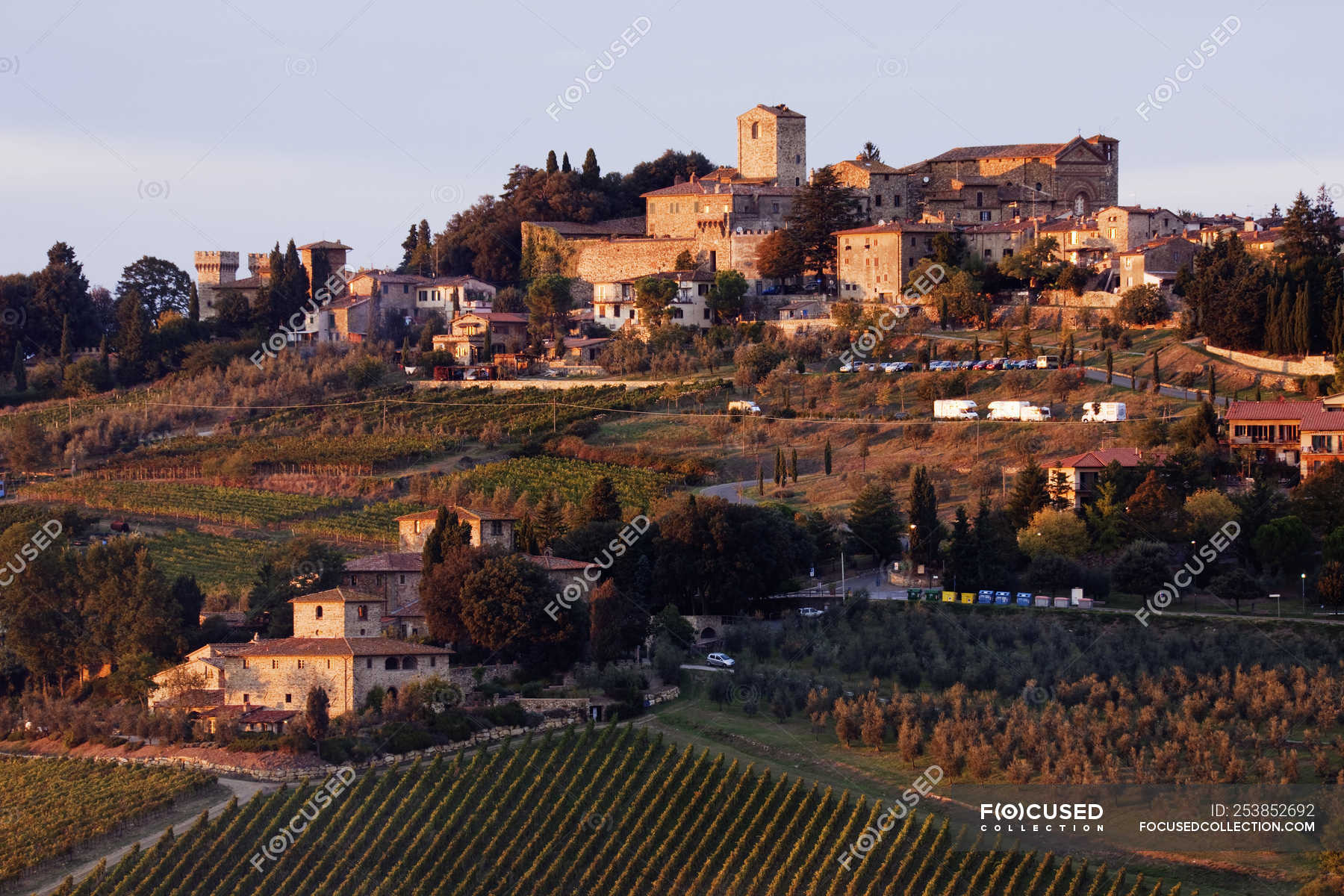 Hill town of Panzano at dusk in Italy, Europe — old world charm ...