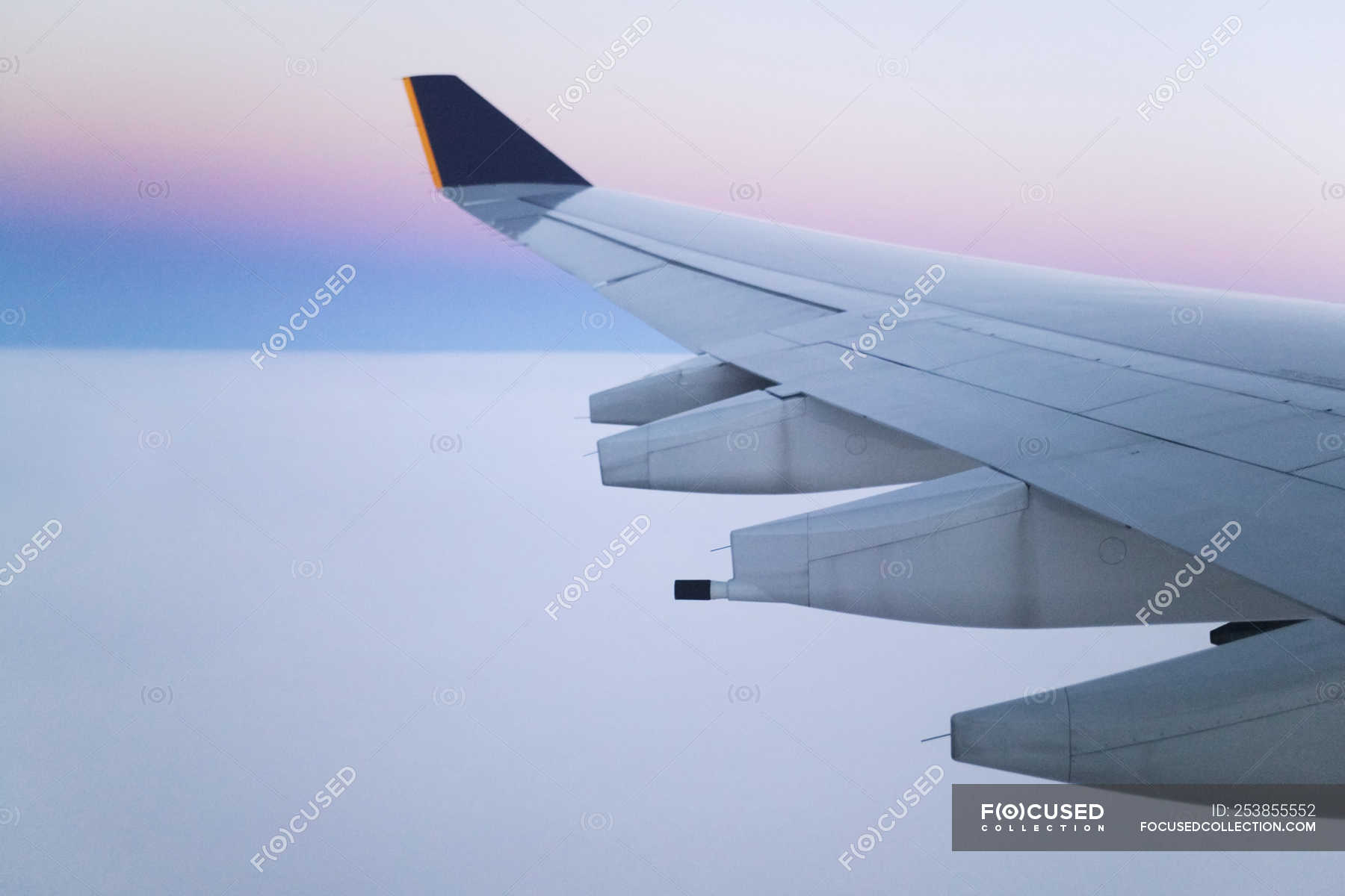Wing and engines of jet aircraft in flight at dawn — outdoors, jet