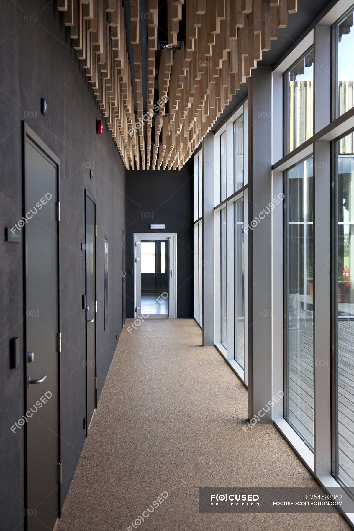 Modern office hallway with large windows and wall with doors — walkway 