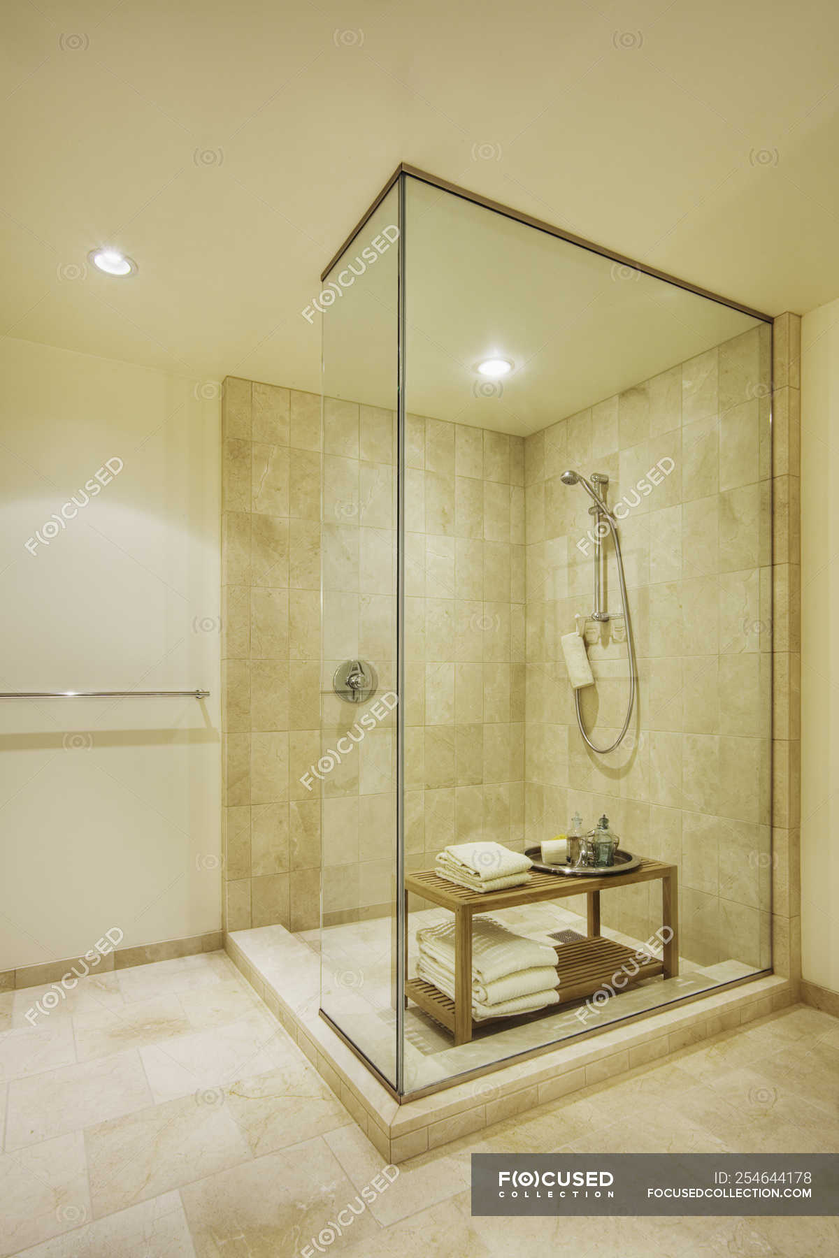 Luxury Shower In Modern Highrise Apartment Upscale Fixtures Stock Photo 254644178