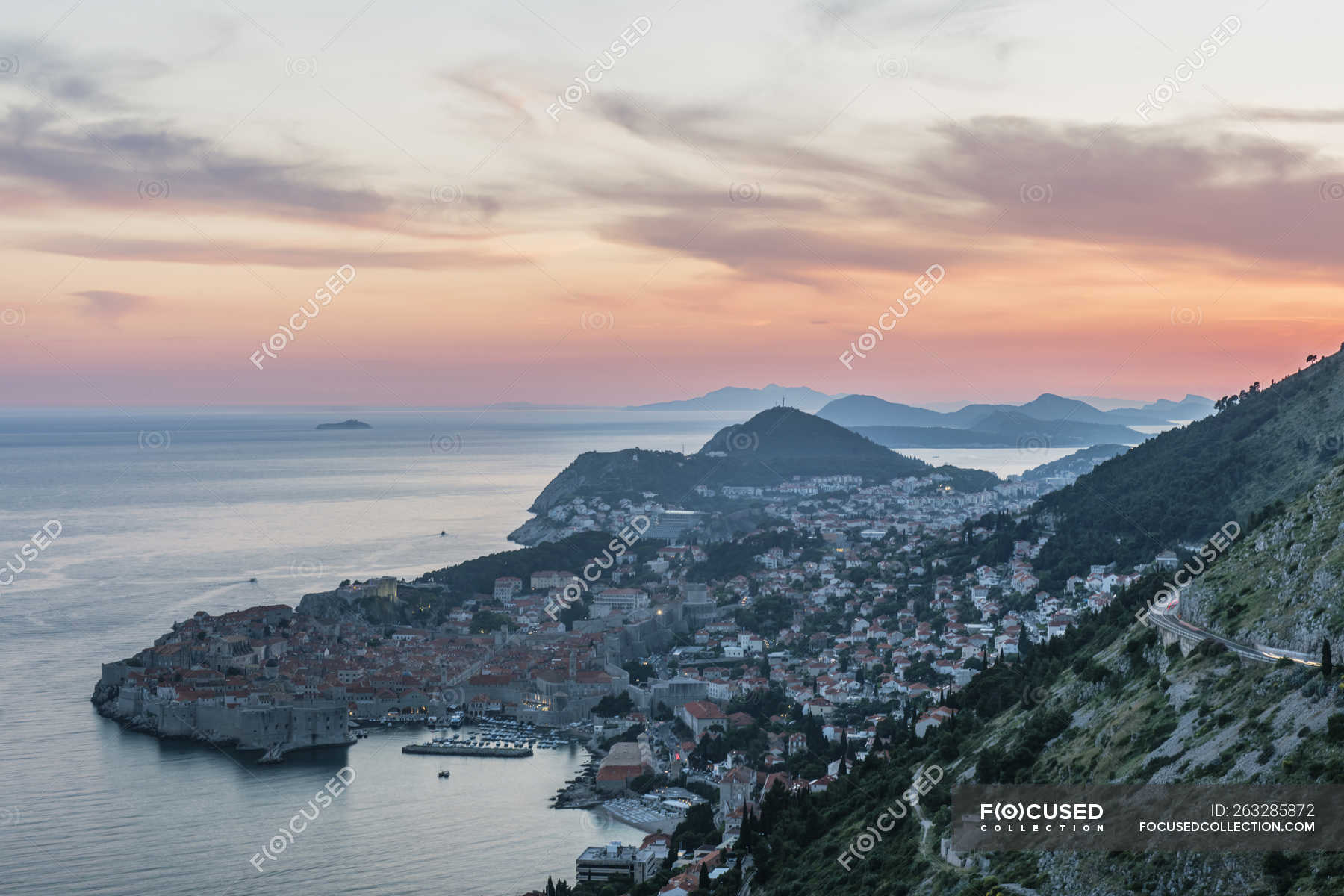 Aerial view of coastal city on hillside, Dubrovnik, Dubrovnik-Neretva ...