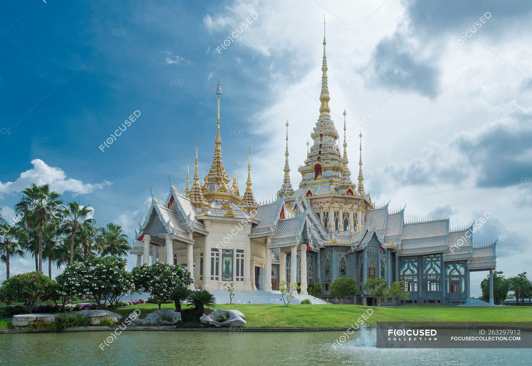 Ornate Temple And Pond Sikhiu Nakhon Ratchasima Thailand Calm Faith Stock Photo