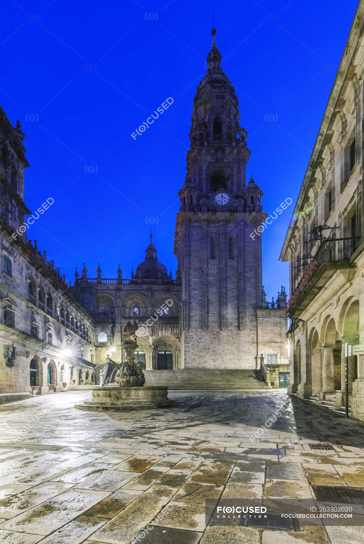 Ornate Church And Tower With Fountain Santiago De Compostela A Coruna Spain Europe Coruna Tranquil Scene Stock Photo