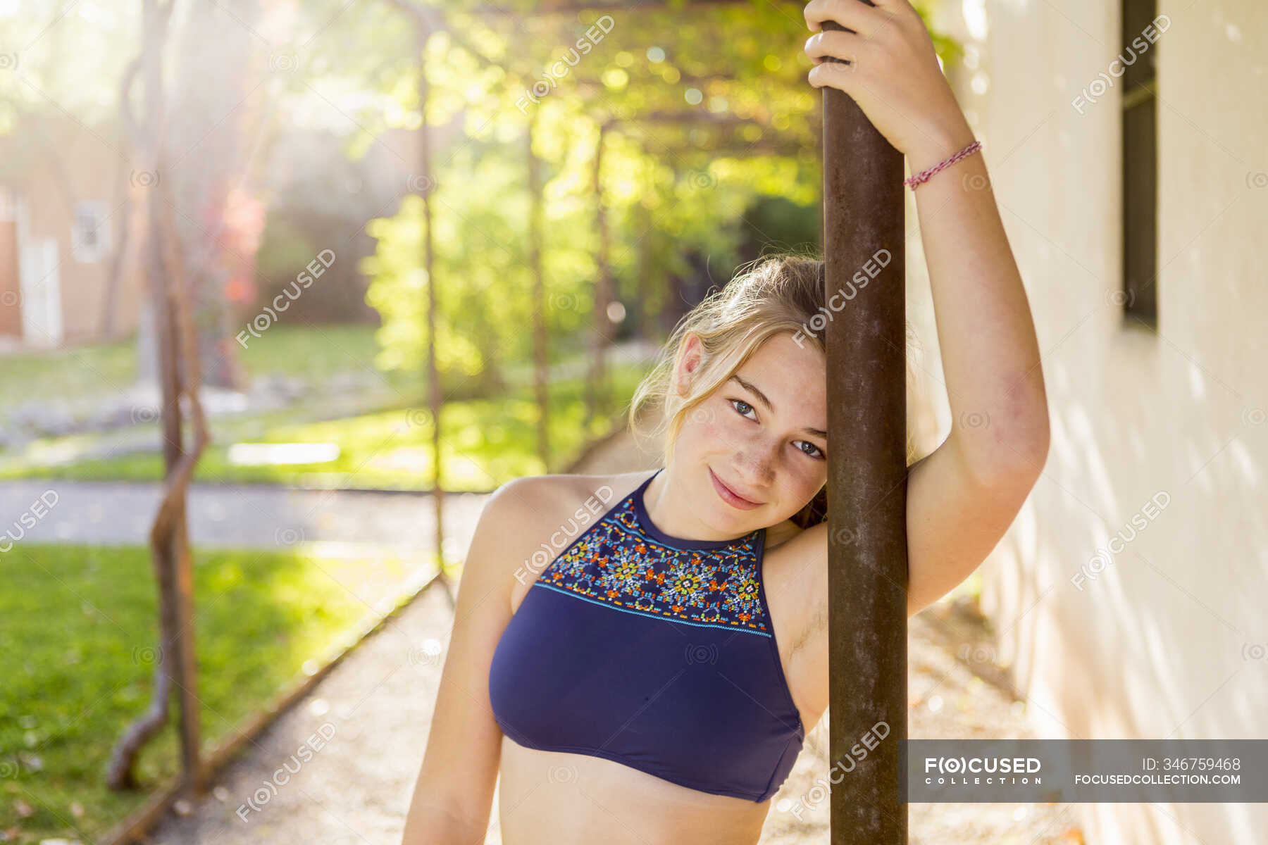 Portrait Of 13 Year Old Girl At Sunset Trees Smiling Stock Photo 