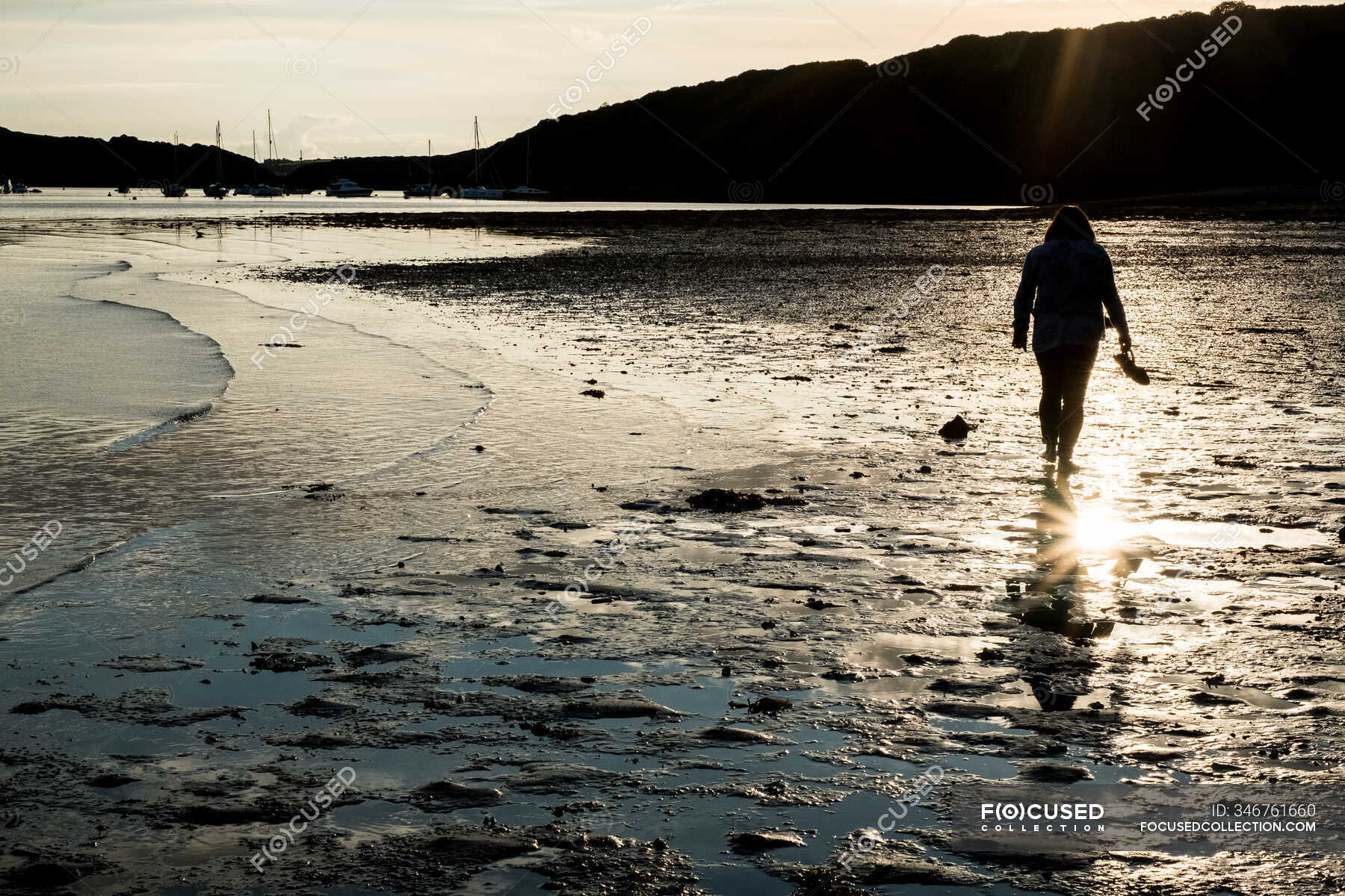 Rear view of woman walking across a sandy beach at sunset, with ...