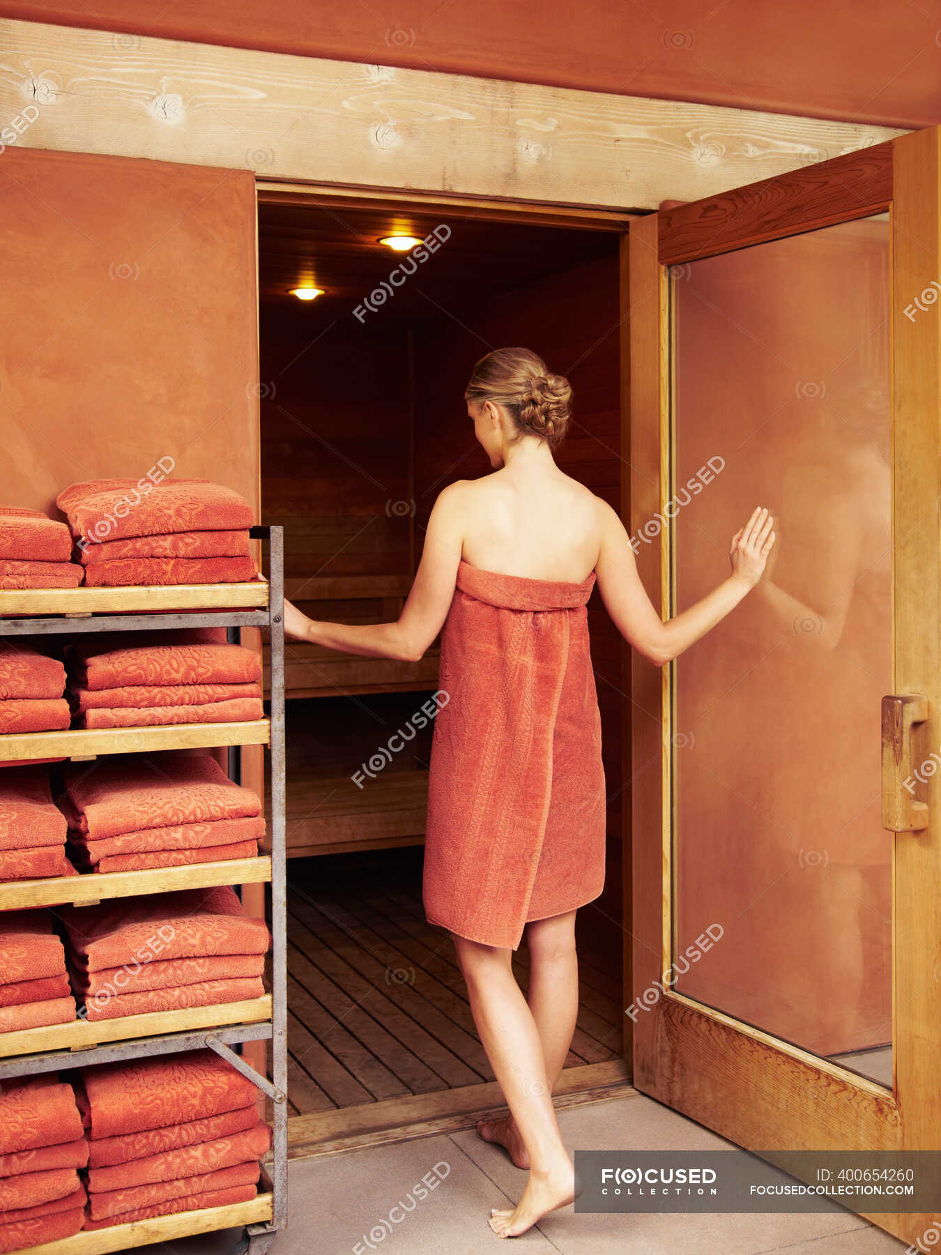 Caucasian Woman Entering Sauna Getting Away From It All Resort Stock Photo 400654260