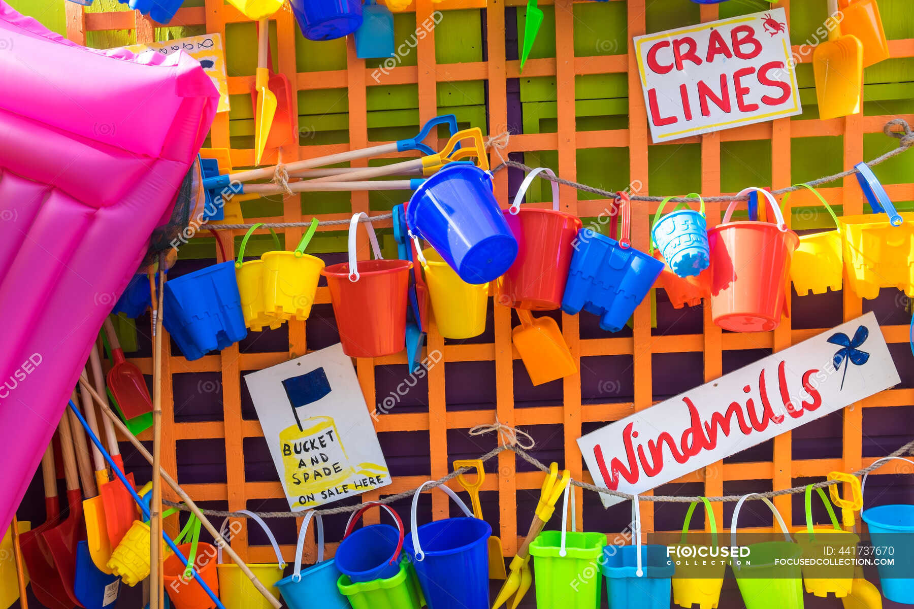 Buckets and spades and other beach items for sale, holiday resort