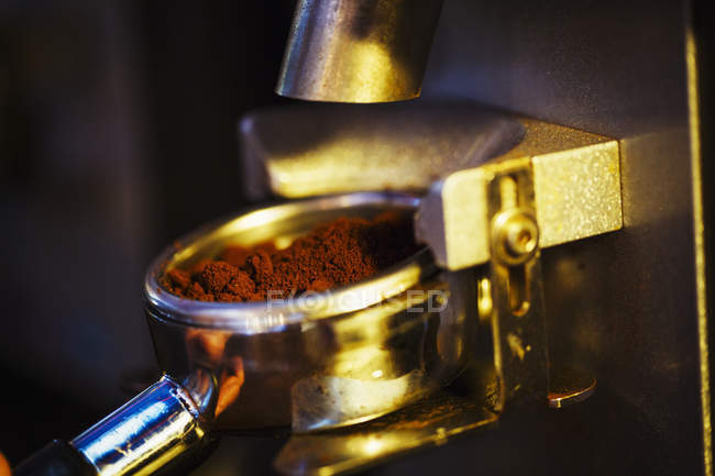 Fresh coffee grounds loaded into the cofee — Stock Photo