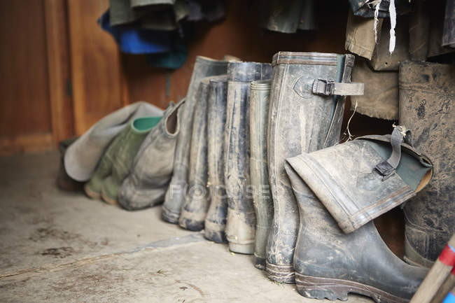 Several pairs of muddy boots — Stock Photo