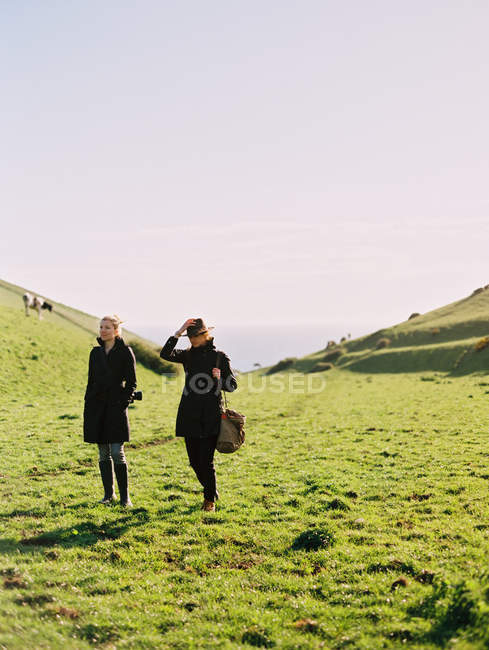 Due persone su un promontorio costiero a piedi — Foto stock