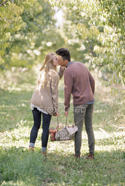 Couple carrying a basket of apples, kissing. — Stock Photo
